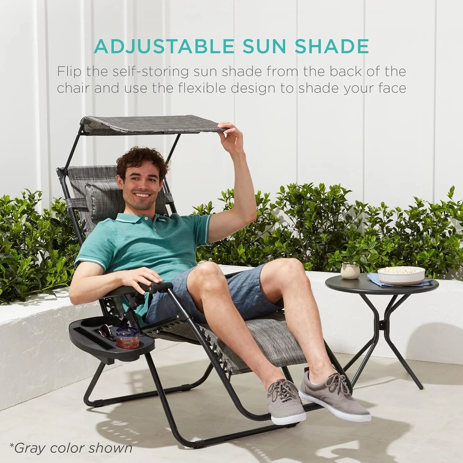 Best Choice Products – Silla Reclinable de Patio con Gravedad Cero, Ajustable y Plegable para Exteriores con Dosel, Almohada Cervical y Bandeja Lateral, Textileno – Azul Pavo Real