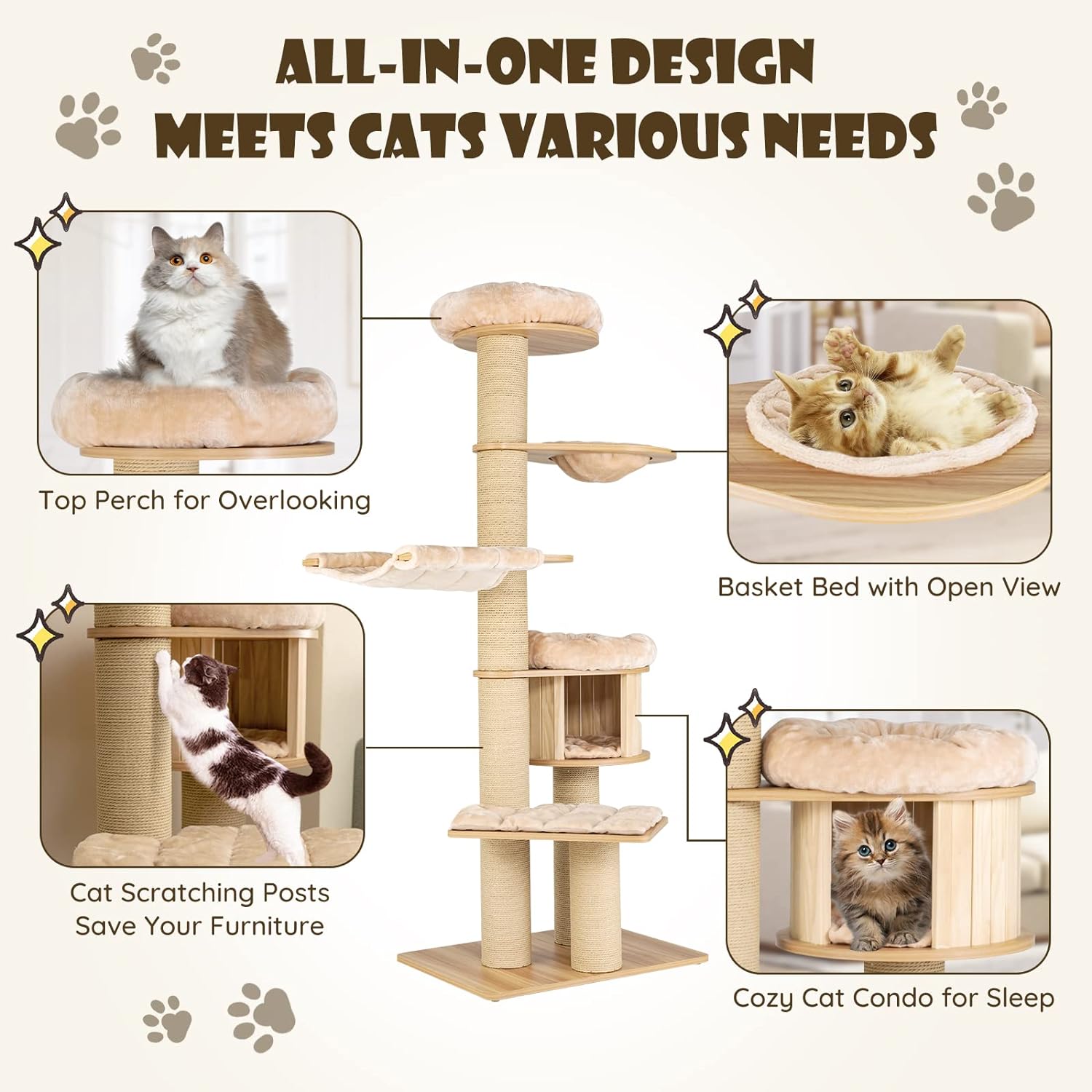 Árbol para Gatos Grande, Torre de Múltiples Niveles con Poste de Sisal, Hamaca, Cesta Colgante y Alfombrillas Desmontables y Lavables, Perfecto para Gatos Grandes