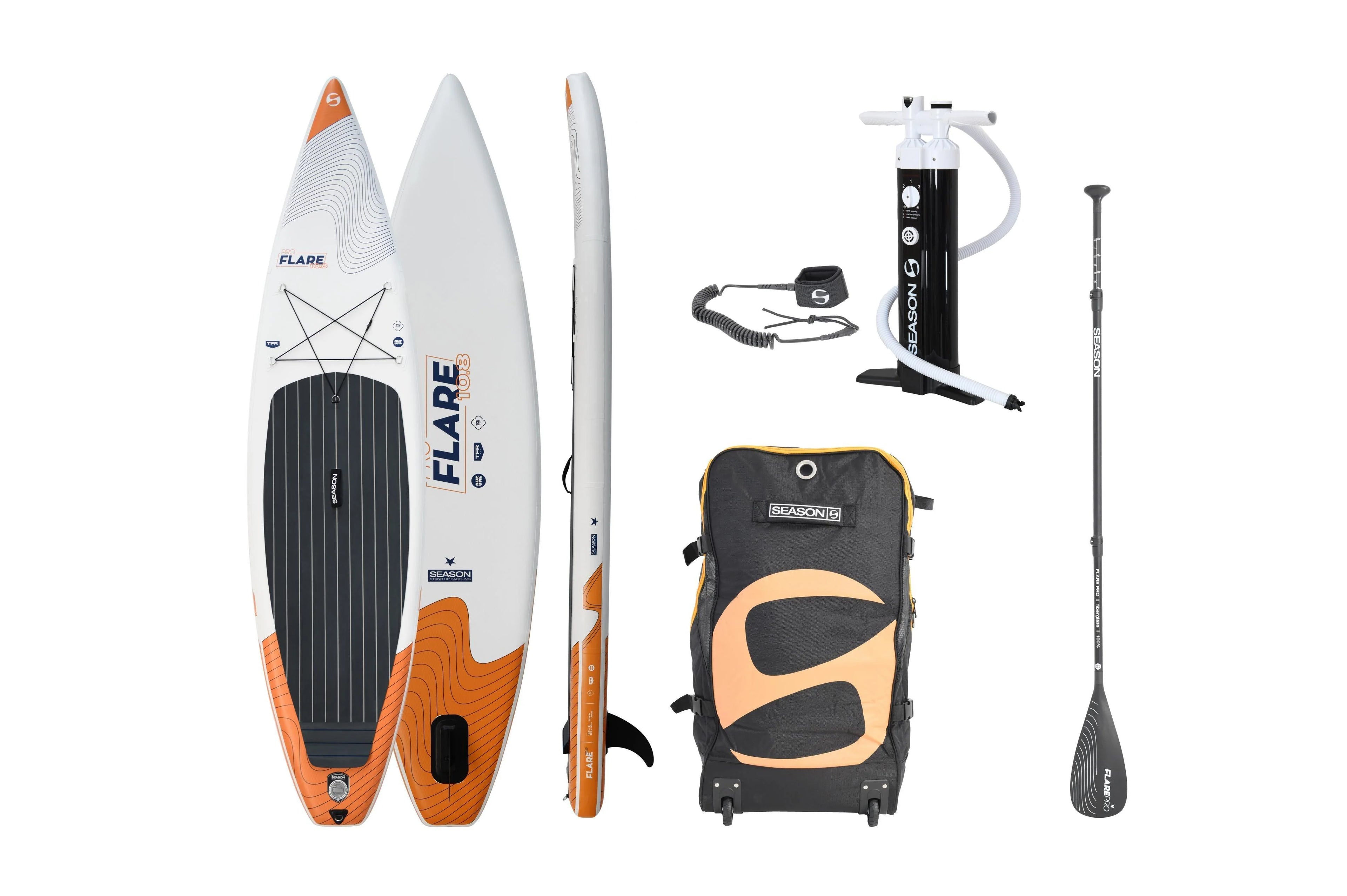 2025 Flare Pro 10.8 Tabla de SUP Touring hinchable – Double Layer Fusion, con remo de fibra de vidrio, bomba y mochila con ruedas