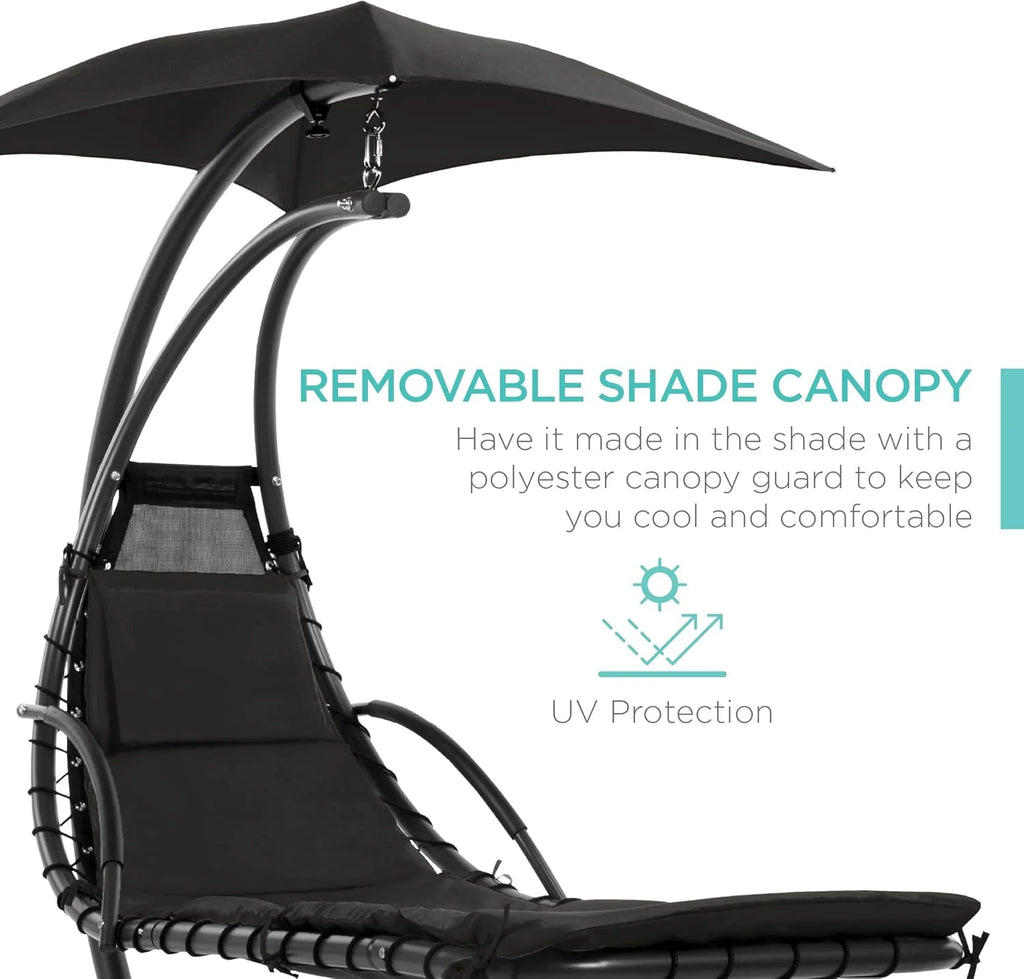 Chaise Longue Suspendue de Exterior Best Choice Products – Silla Balancín Curvada de Acero con Cojín Integrado y Toldo Desmontable – Gris Carbón