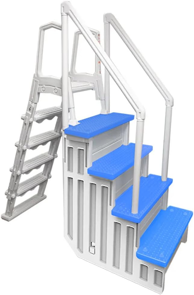 Escalones antideslizantes Aqua Select para piscinas elevadas | Azul | Para piscinas sobre tierra | Se pueden montar en terrazas de 48" a 54" de altura | Escalera de seguridad con capacidad hasta 250 lbs