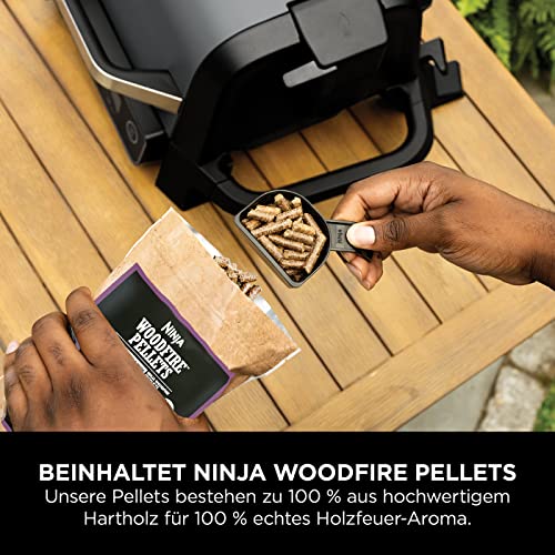 2025 Ninja Woodfire Grill Eléctrico & Ahumador & Freidora de Aire, Parrilla Exterior 7 en 1, Air Fry, Ahumado, Asado, Cocción, Resistente a la Intemperie, Antiadherente, Portátil, Eléctrico, Gris/Negro OG701EU