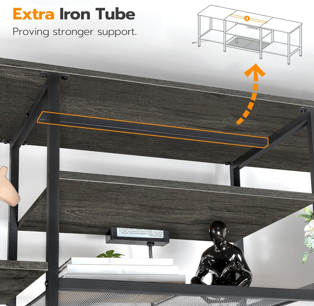 Mueble para TV con Enchufes Integrados para TVs de hasta 75 Pulgadas, Mesa Consola con Estantes Abiertos, Centro de Entretenimiento Industrial para Sala o Dormitorio, Color Marrón Rústico y Negro BF60DS01