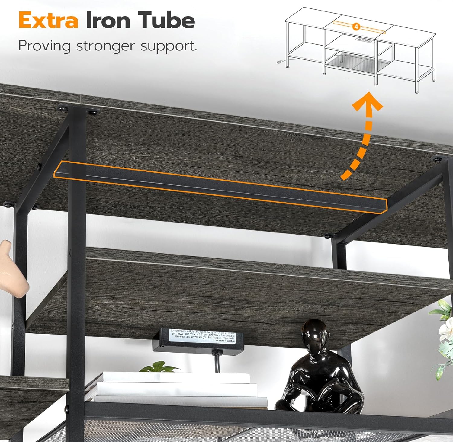 Mueble para TV con Enchufes Integrados para TVs de hasta 75 Pulgadas, Mesa Consola con Estantes Abiertos, Centro de Entretenimiento Industrial para Sala o Dormitorio, Color Marrón Rústico y Negro BF60DS01