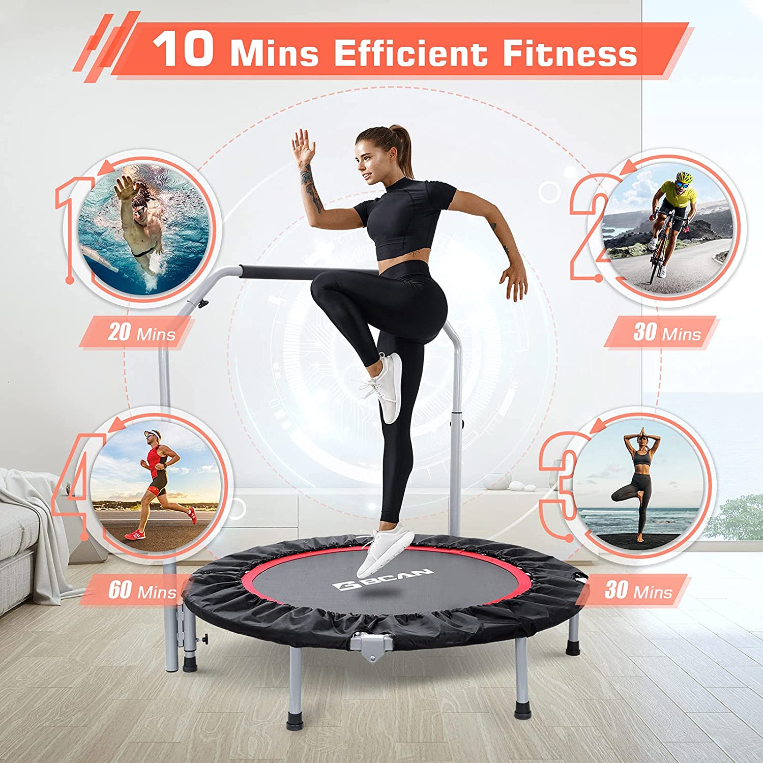 BCAN Trampolín Plegable de 40/48", Mini Trampolín para Ejercicio, Carga Máxima 330 lbs / 440 lbs