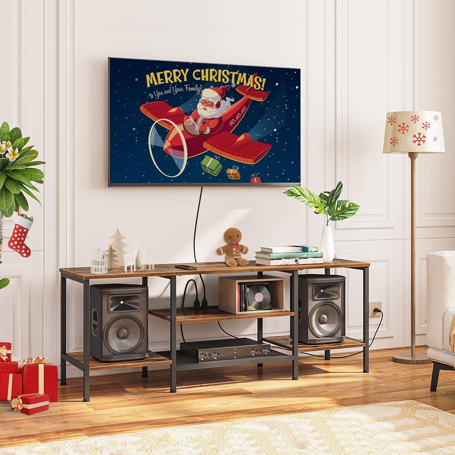 Mueble para TV con Enchufes Integrados para TVs de hasta 75 Pulgadas, Mesa Consola con Estantes Abiertos, Centro de Entretenimiento Industrial para Sala o Dormitorio, Color Marrón Rústico y Negro BF60DS01