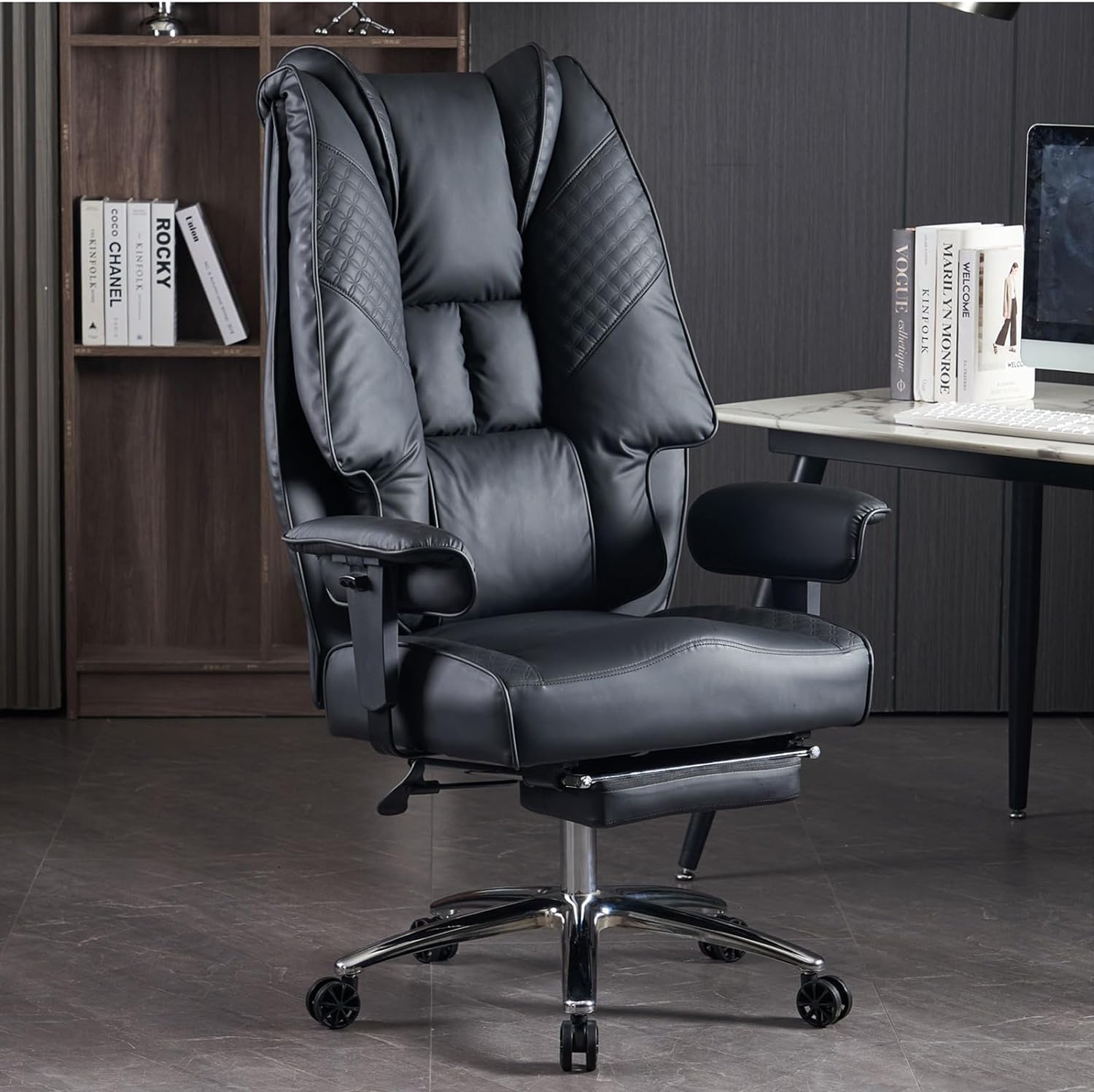 Silla de Oficina Alta y Ancha para 400 lbs, Silla Ejecutiva de Cuero con Respaldo Alto y Reposapiés, Silla Ergonómica con Soporte Lumbar para Aliviar el Dolor de Espalda Baja (Beige)