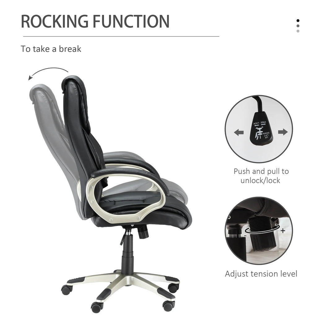 Silla de Oficina con Respaldo Alto, Sillón Giratorio de Cuero Sintético con Altura Ajustable, Negro