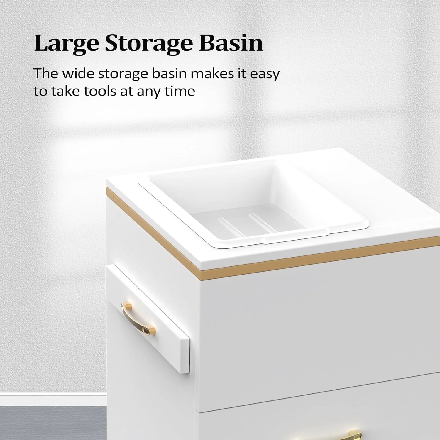 OmySalon Estación de Almacenamiento para Salones – Mueble de Peluquería con 3 Cajones, Compartimento de Almacenamiento y 3 Soportes para Secadores – Color Oro Blanco