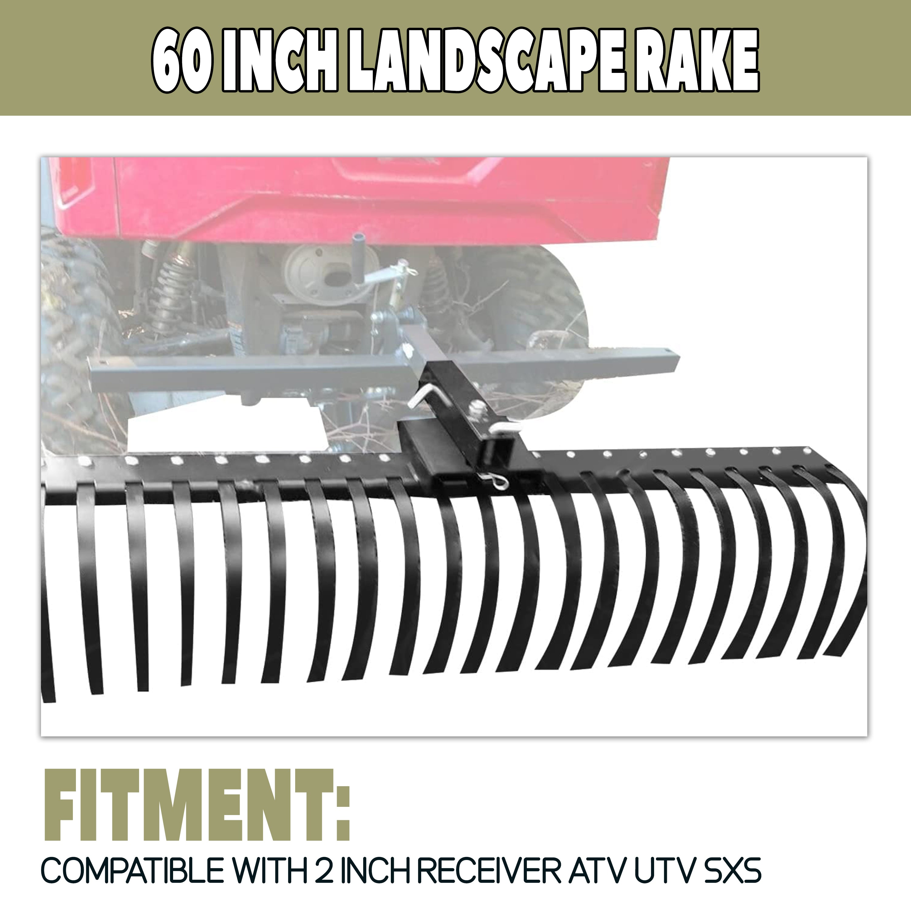 Rastrillo Paisajístico Kojem de 60 Pulgadas para ATV, UTV, SxS, Limpieza de Jardín, Patio y Playa con Barra de Herramienta de 48" o 60" y Sistema de Enganche de 3 Puntos