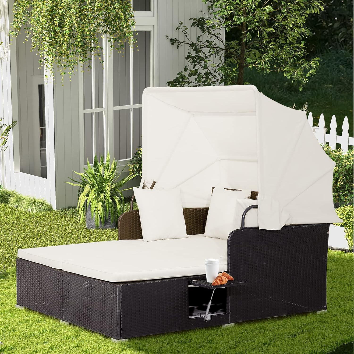 RELAX4LIFE Cama de Jardín Exterior con Dosel, Tumbona de Resina Trenzada con Cojines, 4 Almohadas y 2 Bandejas Laterales Retráctiles, Cama Lounge para 2 Personas para Piscina, Porche, Jardín, Cama de Exterior de Ratán (Turquesa)