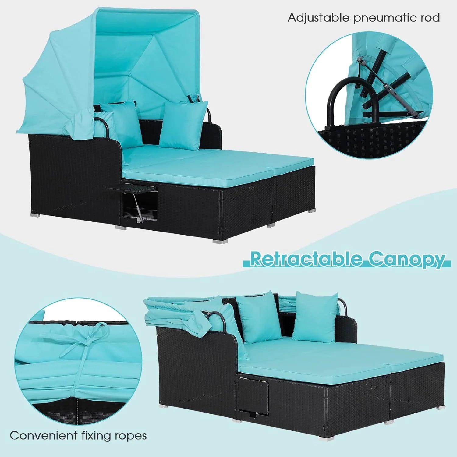 RELAX4LIFE Cama de Jardín Exterior con Dosel, Tumbona de Resina Trenzada con Cojines, 4 Almohadas y 2 Bandejas Laterales Retráctiles, Cama Lounge para 2 Personas para Piscina, Porche, Jardín, Cama de Exterior de Ratán (Turquesa)
