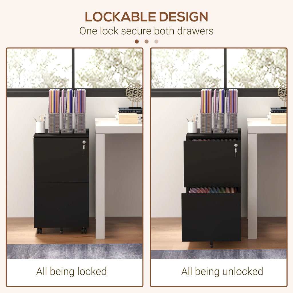 Archivador Móvil de Acero con 2 Cajones y Cerradura, Mueble de Oficina para Debajo del Escritorio, Negro
