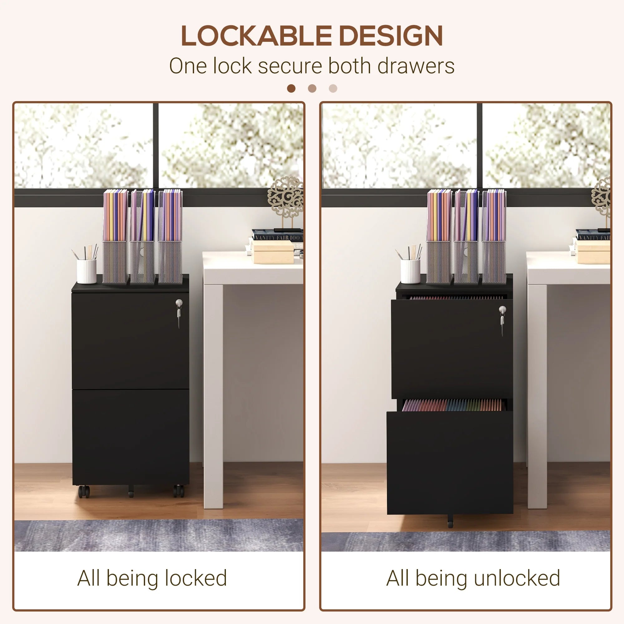 Archivador Móvil de Acero con 2 Cajones y Cerradura, Mueble de Oficina para Debajo del Escritorio, Negro