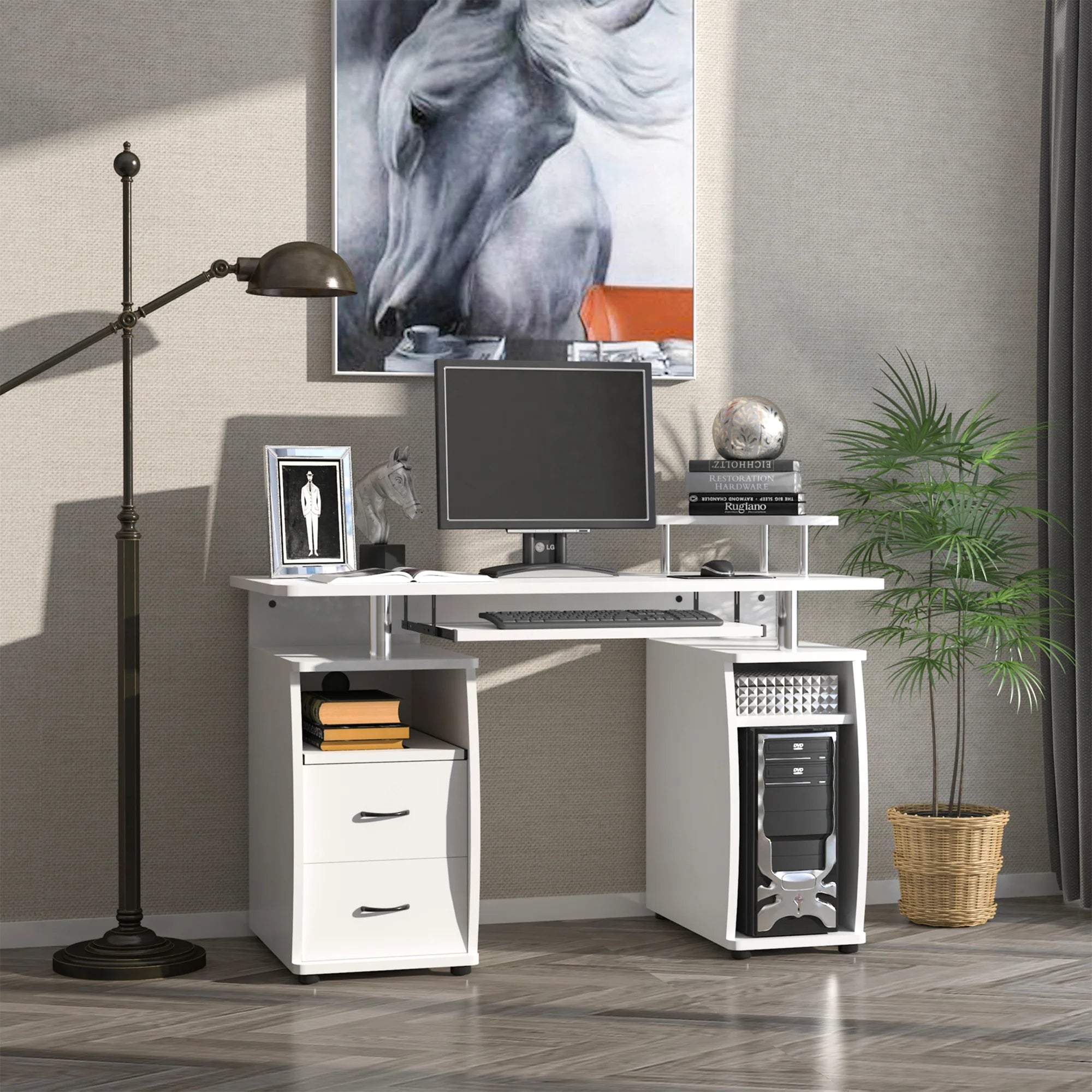 Escritorio de Ordenador para Oficina – Mesa de PC con Cajón para Teclado, Estante Deslizante para Escáner, Blanco