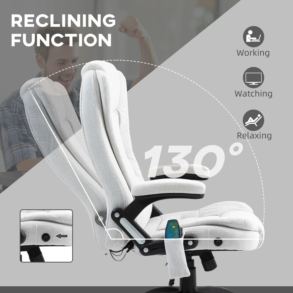 Silla de Oficina Ergonómica con Masaje de 6 Puntos y Calefacción en la Espalda, Tela Tipo Lino, Blanco Crema