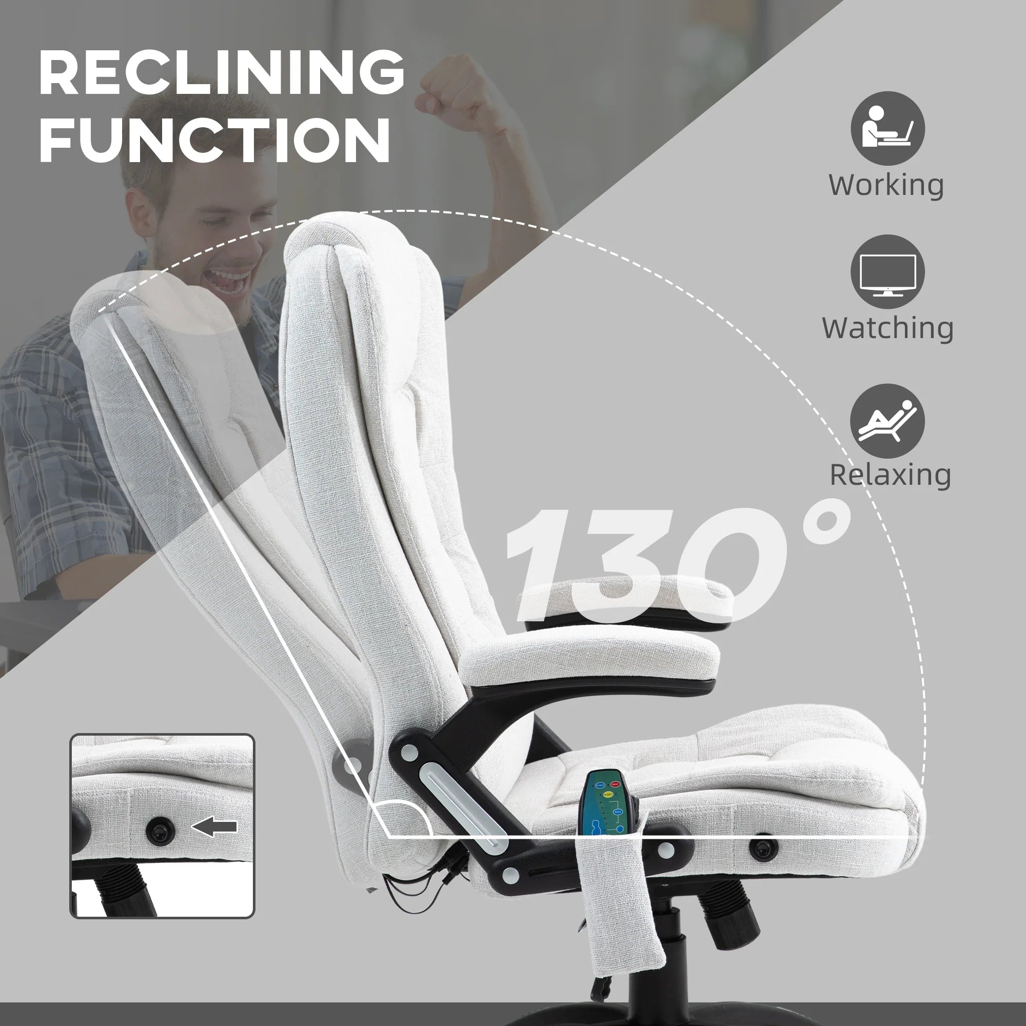 Silla de Oficina Ergonómica con Masaje de 6 Puntos y Calefacción en la Espalda, Tela Tipo Lino, Blanco Crema