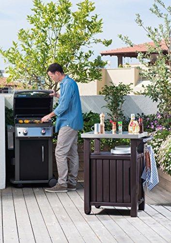 Mesa Portátil de Exterior y Armario de Almacenamiento Keter Unity con Ganchos para Accesorios de Parrilla - Superficie Superior de Acero Inoxidable para Isla de Cocina de Patio o Carrito de Bar, Color Espresso Brown
