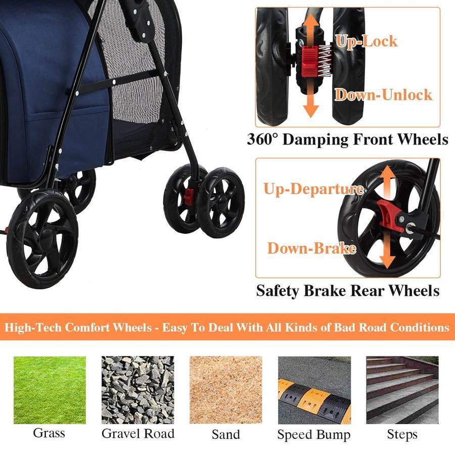 2025 Carrito Doble para Mascotas 42", para 2 Perros o Gatos, Plegable con Suspensión, Azul Marino