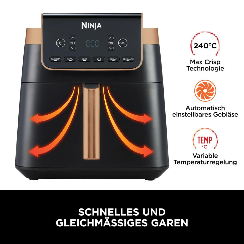 2025 Ninja Freidora de aire MAX PRO, 6,2 L Negro/Cobre, AF180EUCP + Set de cuchillos Ninja StaySharp Blanco, K62006EUWH + Sartén Ninja Foodi ZEROSTICK 28 cm, Gris, C30028EU