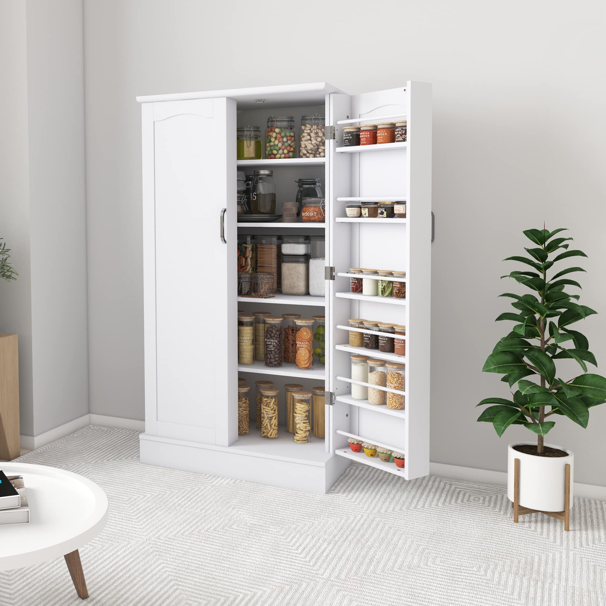 Jehiatek Alacena de Cocina de 47 pulgadas, Gabinete Blanco Independiente tipo Aparador con Puertas y Estantes Ajustables, Mueble de Almacenamiento para Cocina, Sala de Estar y Comedor