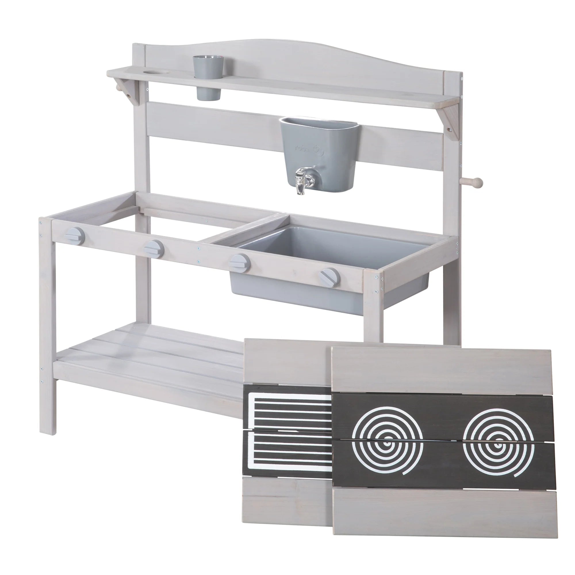 Cocina de barro para exteriores con accesorios - Madera certificada FSC - Acabado en gris grabado