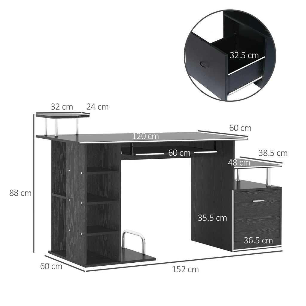 Estación de Trabajo para Ordenador con Cajón y Estanterías, Soporte para CPU, Escritorio para Oficina en Casa, Negro
