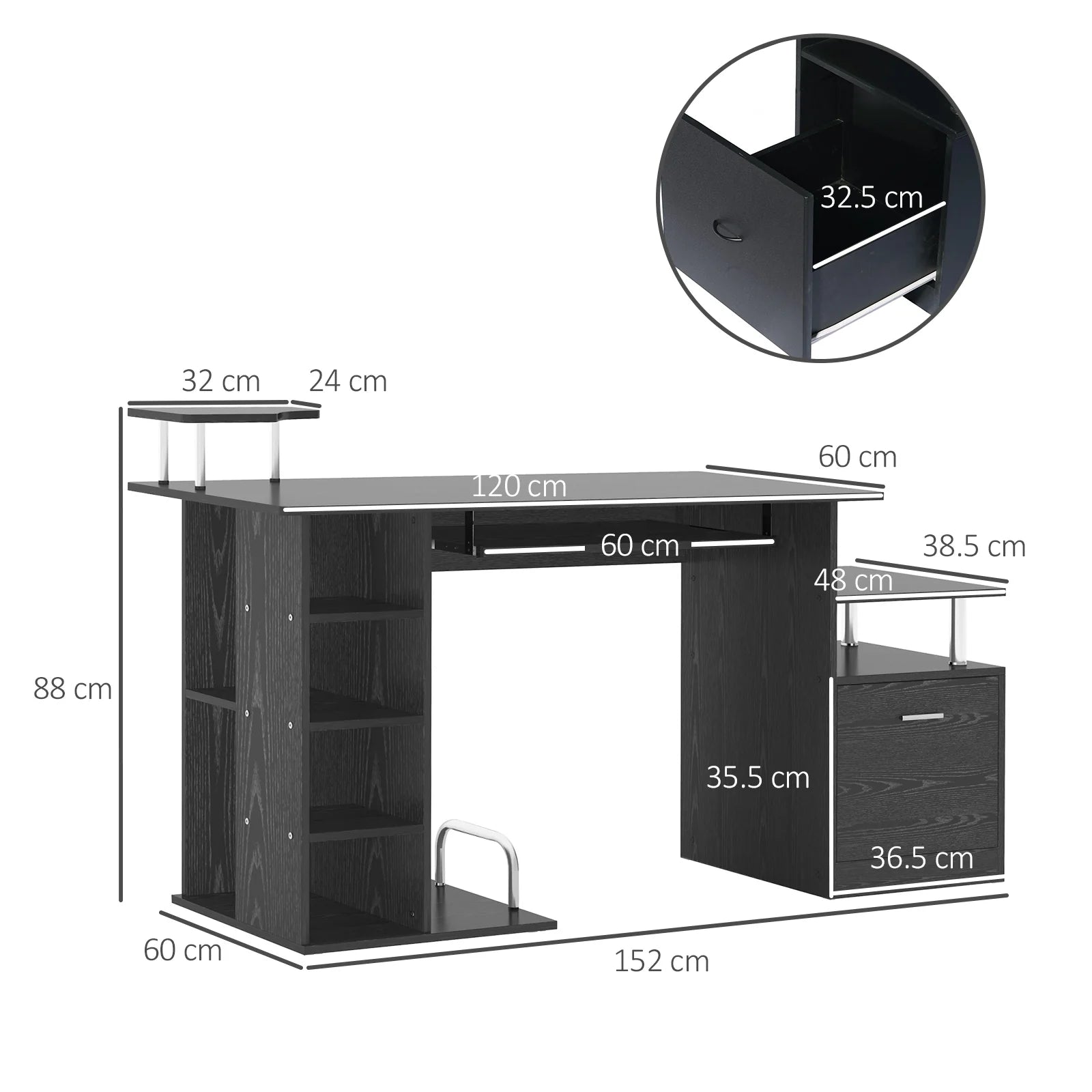 Estación de Trabajo para Ordenador con Cajón y Estanterías, Soporte para CPU, Escritorio para Oficina en Casa, Negro