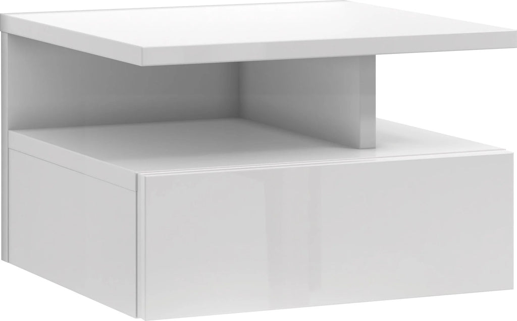 Mesita de noche suspendida Roma blanco brillante, con diseño minimalista de 35,5 cm de ancho