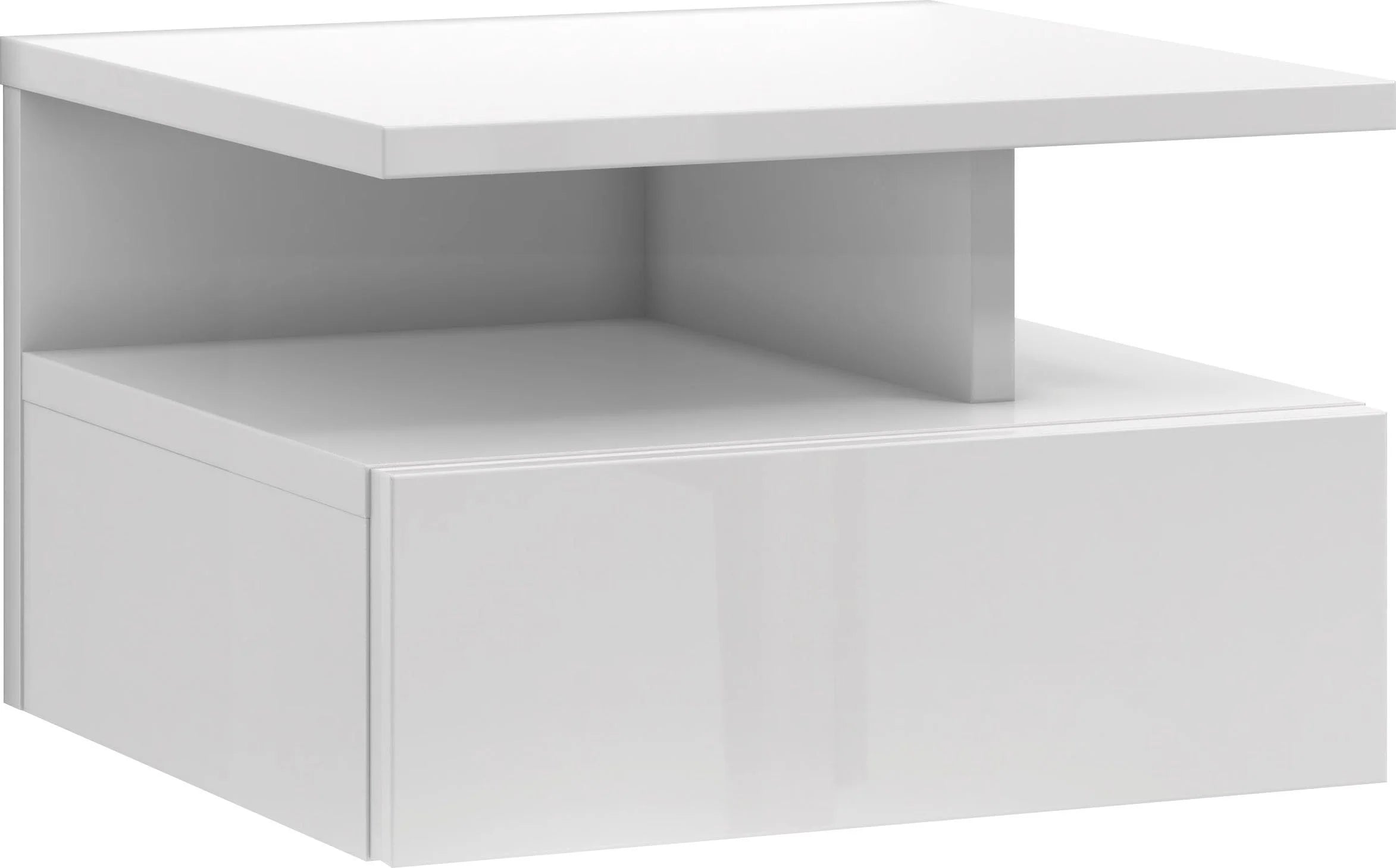 Mesita de noche suspendida Roma blanco brillante, con diseño minimalista de 35,5 cm de ancho
