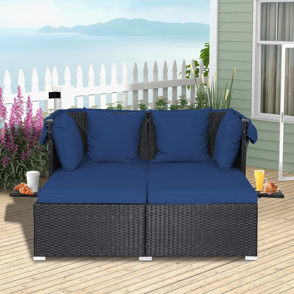 RELAX4LIFE Cama de Jardín Exterior con Dosel, Tumbona de Resina Trenzada con Cojines, 4 Almohadas y 2 Bandejas Laterales Retráctiles, Cama Lounge para 2 Personas para Piscina, Porche, Jardín, Cama de Exterior de Ratán (Turquesa)