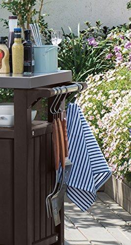 Mesa Portátil de Exterior y Armario de Almacenamiento Keter Unity con Ganchos para Accesorios de Parrilla - Superficie Superior de Acero Inoxidable para Isla de Cocina de Patio o Carrito de Bar, Color Espresso Brown