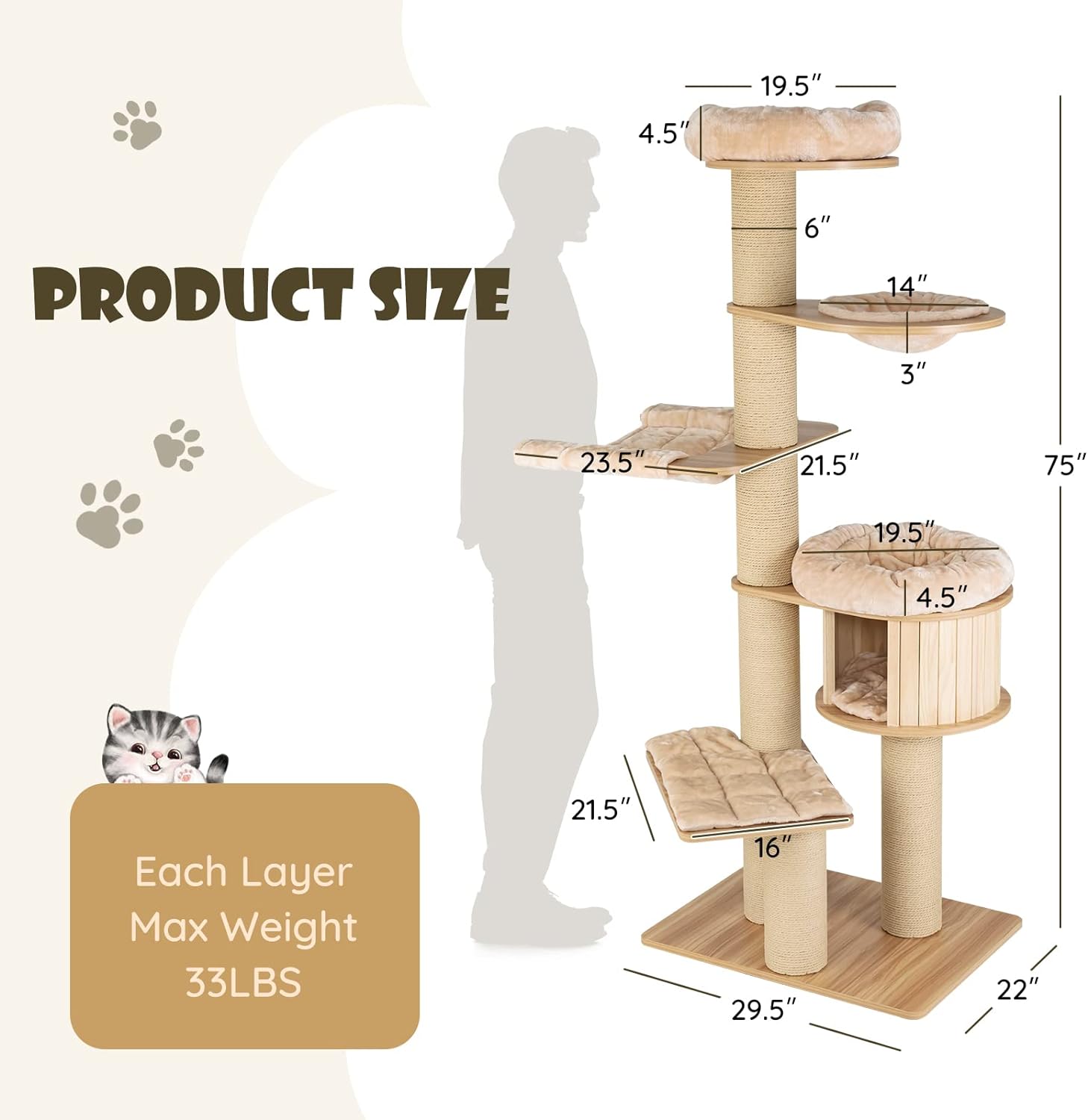 Árbol para Gatos Grande, Torre de Múltiples Niveles con Poste de Sisal, Hamaca, Cesta Colgante y Alfombrillas Desmontables y Lavables, Perfecto para Gatos Grandes