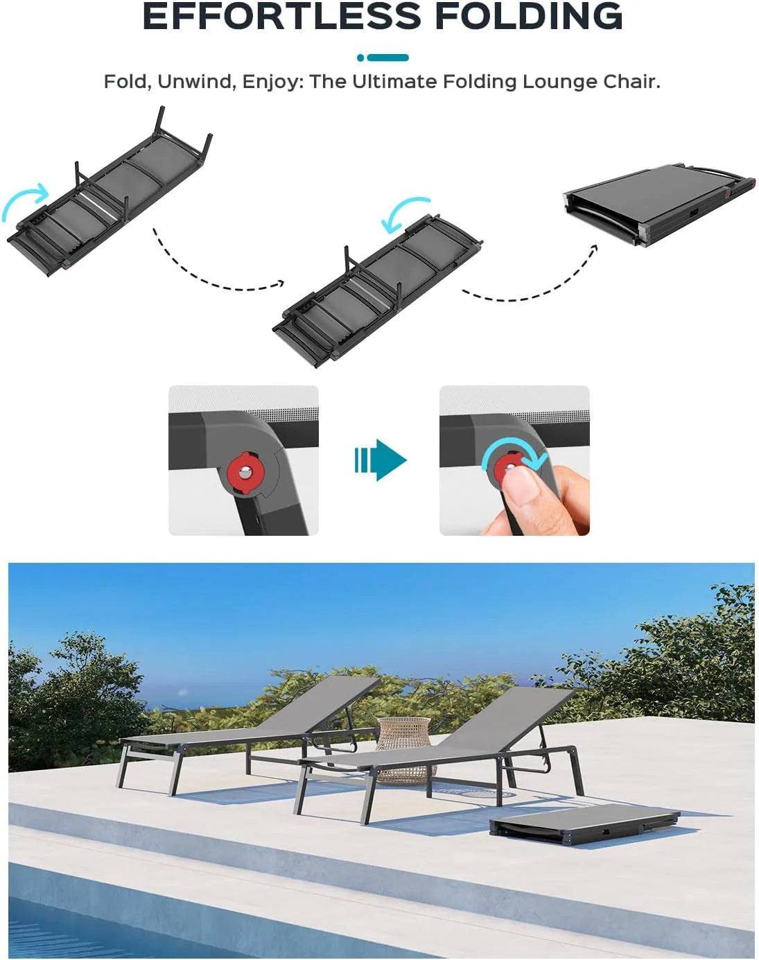Tumbona de Aluminio para Exterior – Silla de Jardín Plegable sin Montaje, con Respaldo Ajustable en 5 Posiciones, para Terraza, Piscina, Playa – Negra
