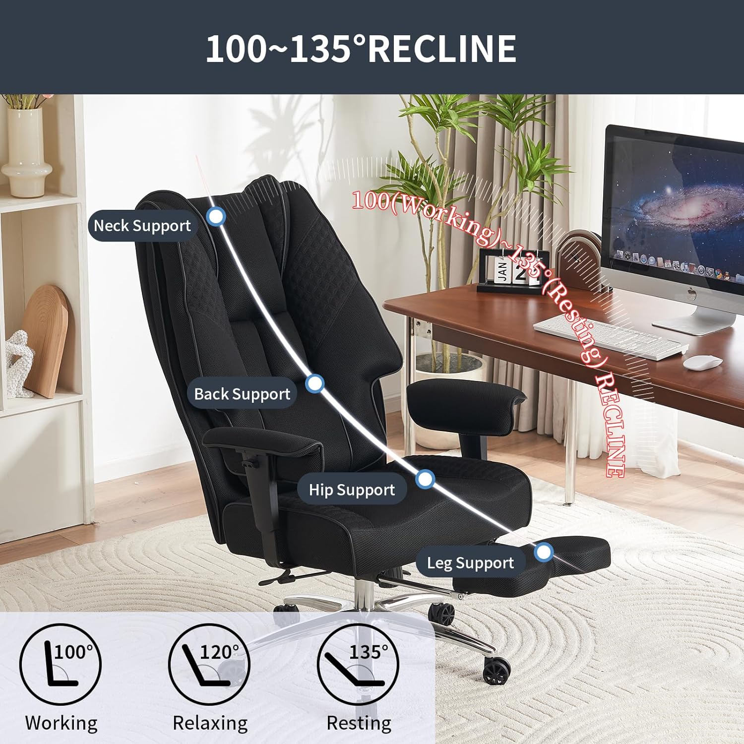 Silla de Oficina Alta y Ancha para 400 lbs, Silla Ejecutiva de Cuero con Respaldo Alto y Reposapiés, Silla Ergonómica con Soporte Lumbar para Aliviar el Dolor de Espalda Baja (Beige)