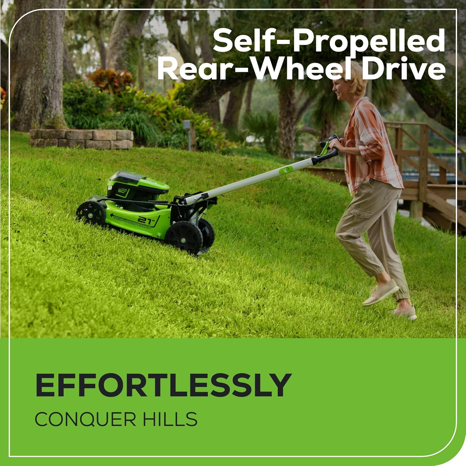2025 Cortacésped autopropulsado inalámbrico 60V 21” con 2 baterías de 4,0Ah y cargador rápido de doble puerto – Greenworks