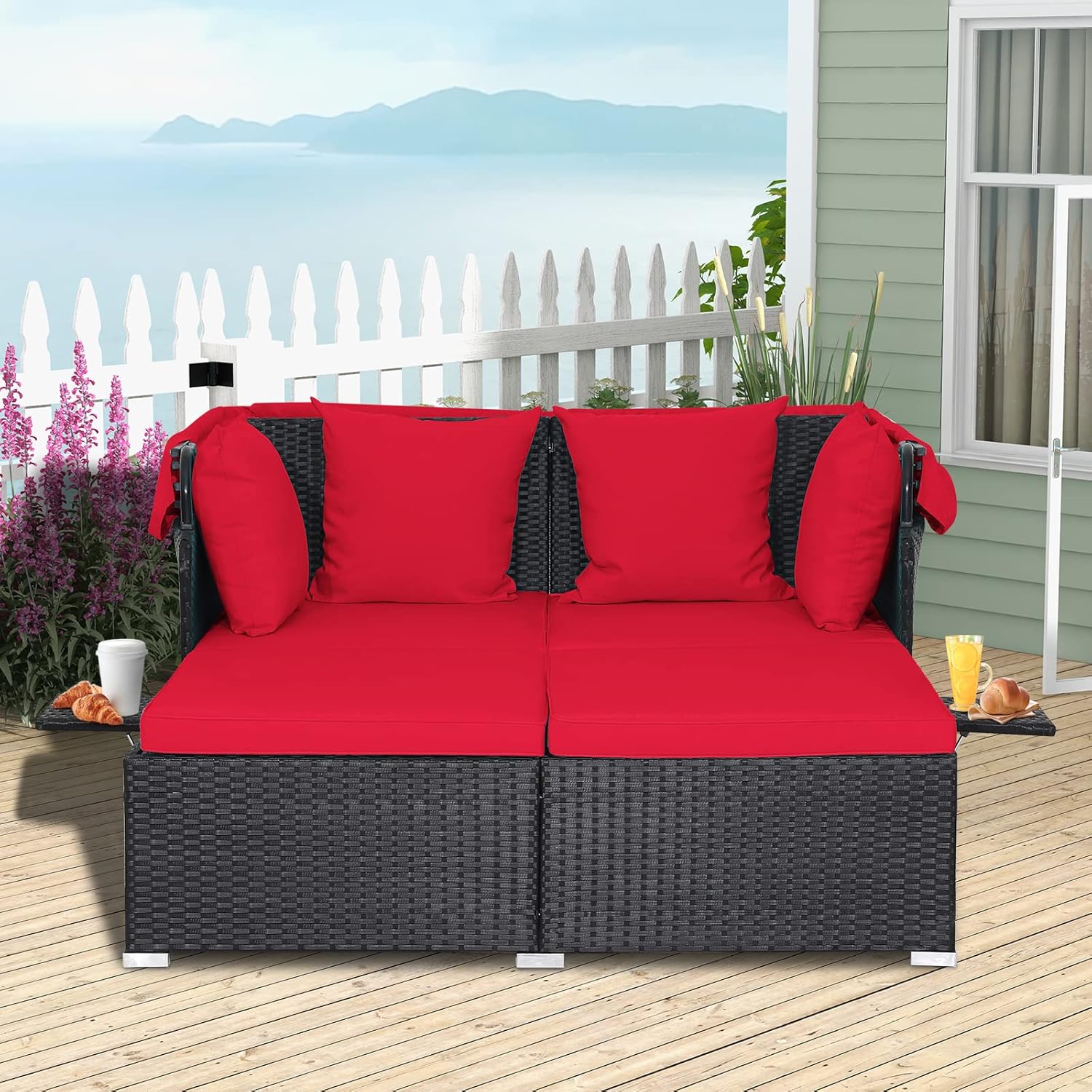 RELAX4LIFE Cama de Jardín Exterior con Dosel, Tumbona de Resina Trenzada con Cojines, 4 Almohadas y 2 Bandejas Laterales Retráctiles, Cama Lounge para 2 Personas para Piscina, Porche, Jardín, Cama de Exterior de Ratán (Turquesa)
