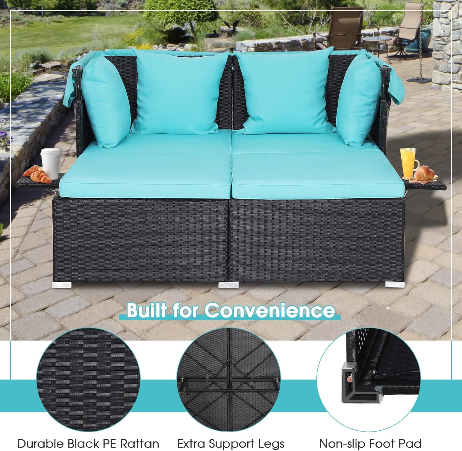 RELAX4LIFE Cama de Jardín Exterior con Dosel, Tumbona de Resina Trenzada con Cojines, 4 Almohadas y 2 Bandejas Laterales Retráctiles, Cama Lounge para 2 Personas para Piscina, Porche, Jardín, Cama de Exterior de Ratán (Turquesa)