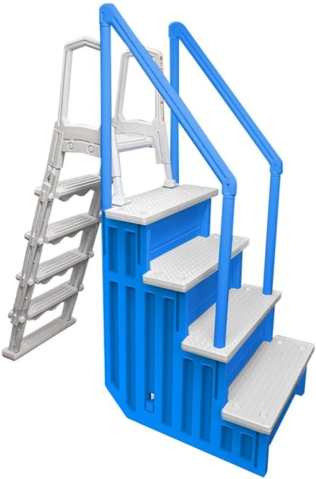 Escalones antideslizantes Aqua Select para piscinas elevadas | Azul | Para piscinas sobre tierra | Se pueden montar en terrazas de 48" a 54" de altura | Escalera de seguridad con capacidad hasta 250 lbs
