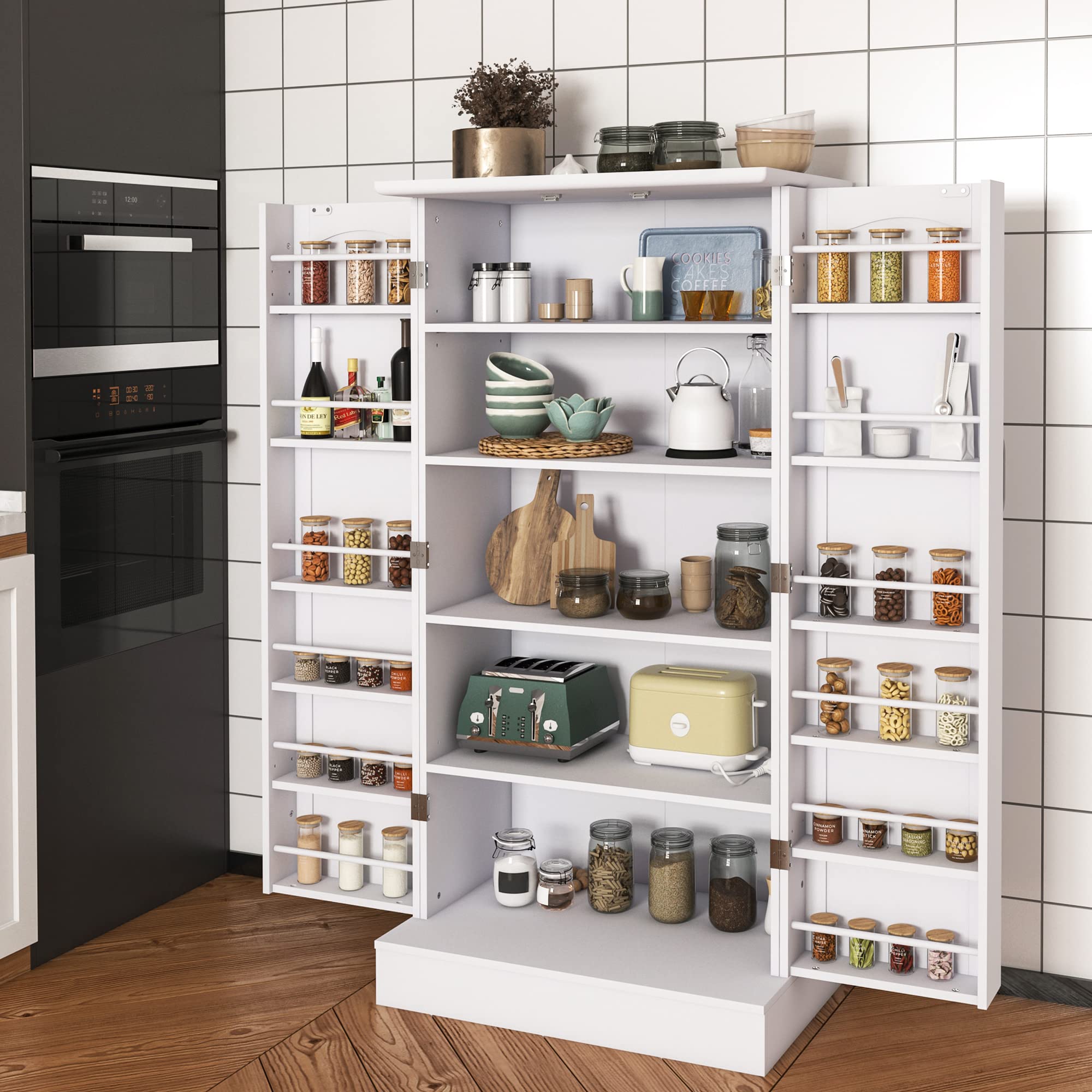 Jehiatek Alacena de Cocina de 47 pulgadas, Gabinete Blanco Independiente tipo Aparador con Puertas y Estantes Ajustables, Mueble de Almacenamiento para Cocina, Sala de Estar y Comedor