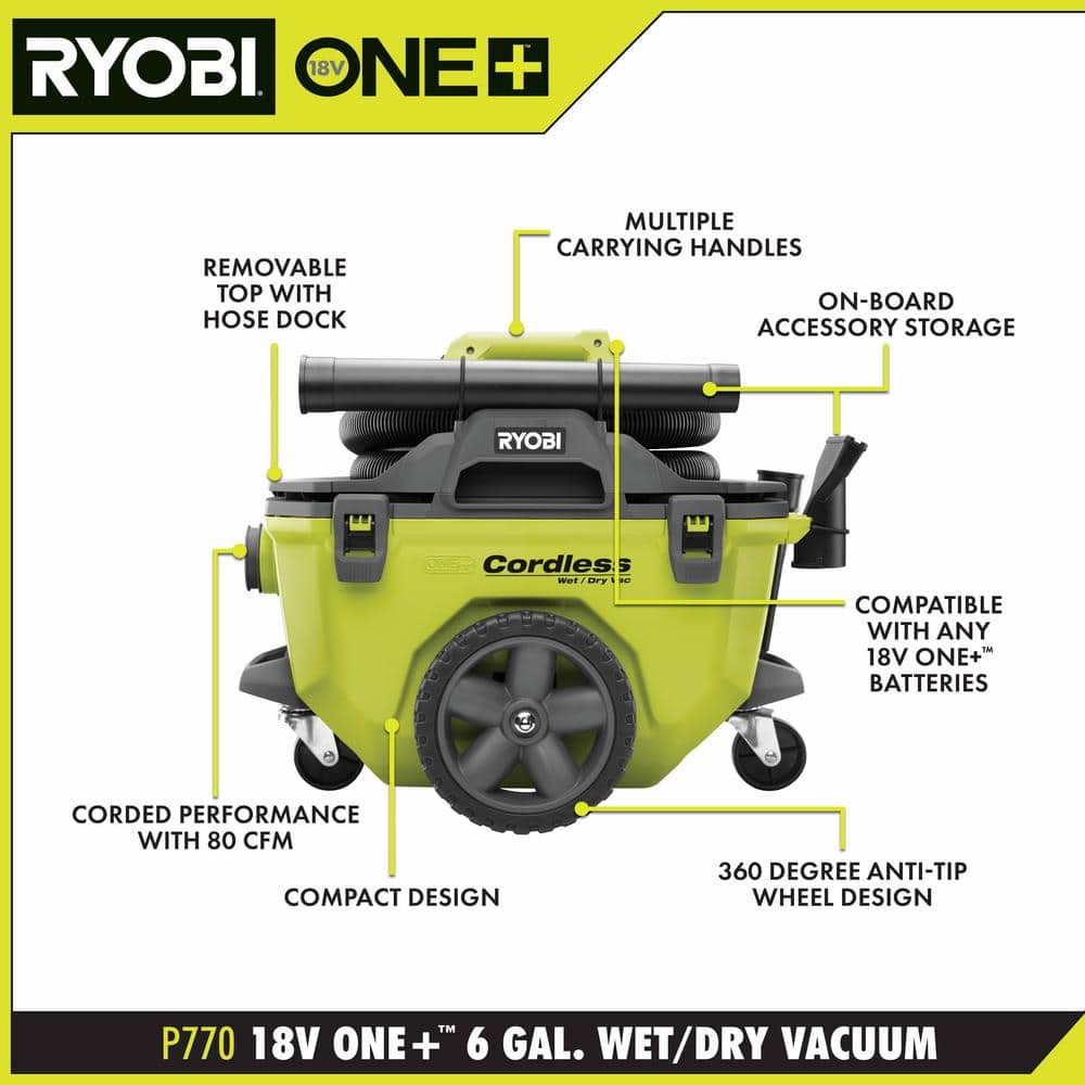 2025 Kit de Aspiradora Seca/Húmeda Inalámbrica Ryobi ONE+ 18V de 6 Galones con Batería de 4.0 Ah, Cargador y Accesorios P770KN