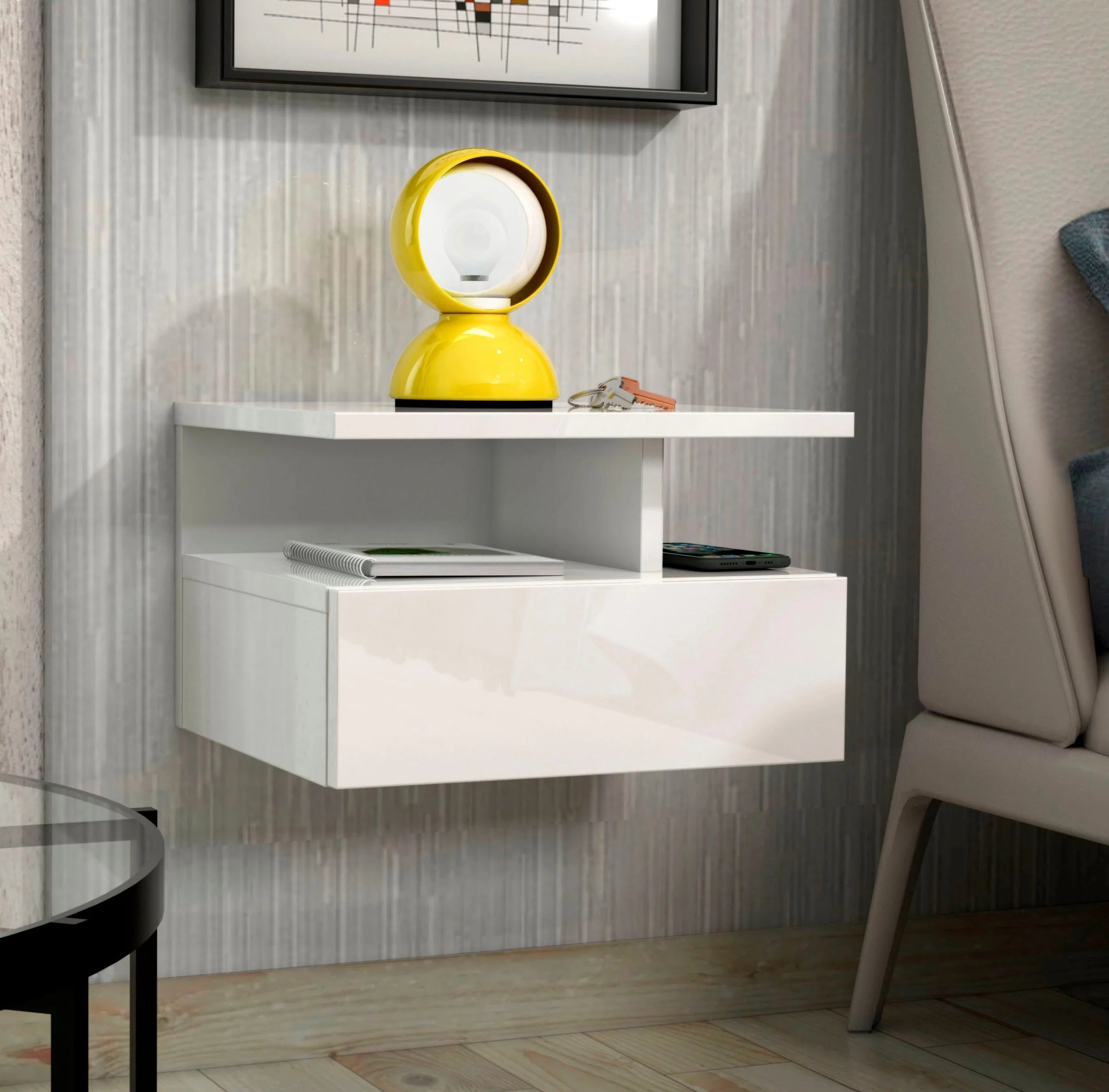Mesita de noche suspendida Roma blanco brillante, con diseño minimalista de 35,5 cm de ancho