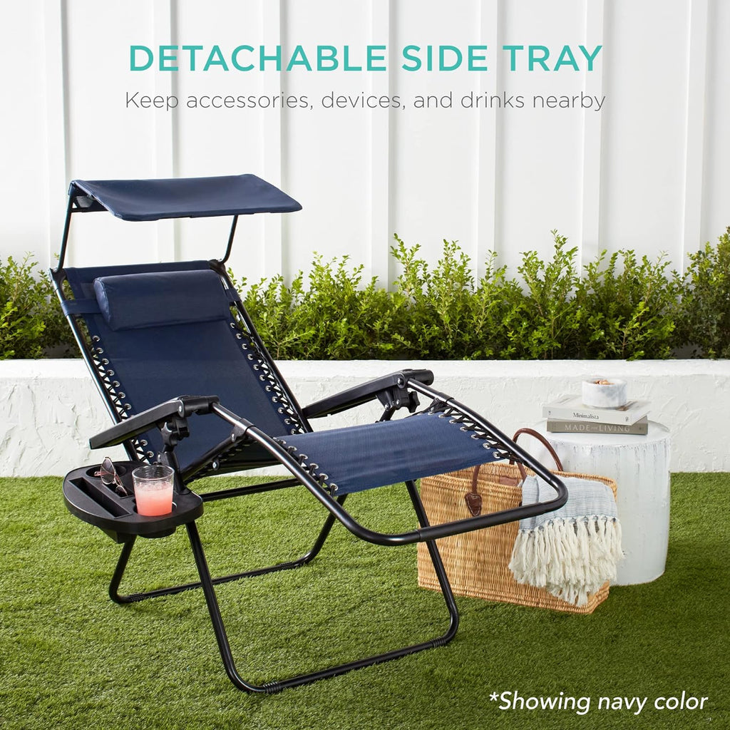 Best Choice Products – Silla Reclinable de Patio con Gravedad Cero, Ajustable y Plegable para Exteriores con Dosel, Almohada Cervical y Bandeja Lateral, Textileno – Azul Pavo Real