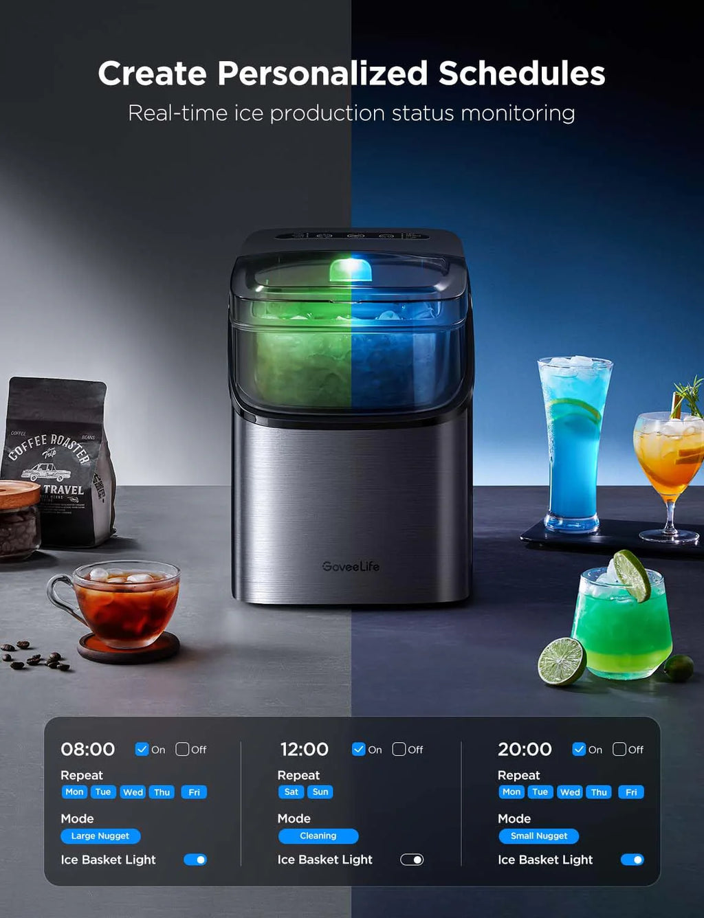 2025 GoveeLife Máquina de Hielo Inteligente con Control por Voz – 9 Cubos en 6 Minutos, 3 Tamaños, 12 kg/24h, Autolimpiante, Iluminación RGB, Silenciosa, con Pala – Negra