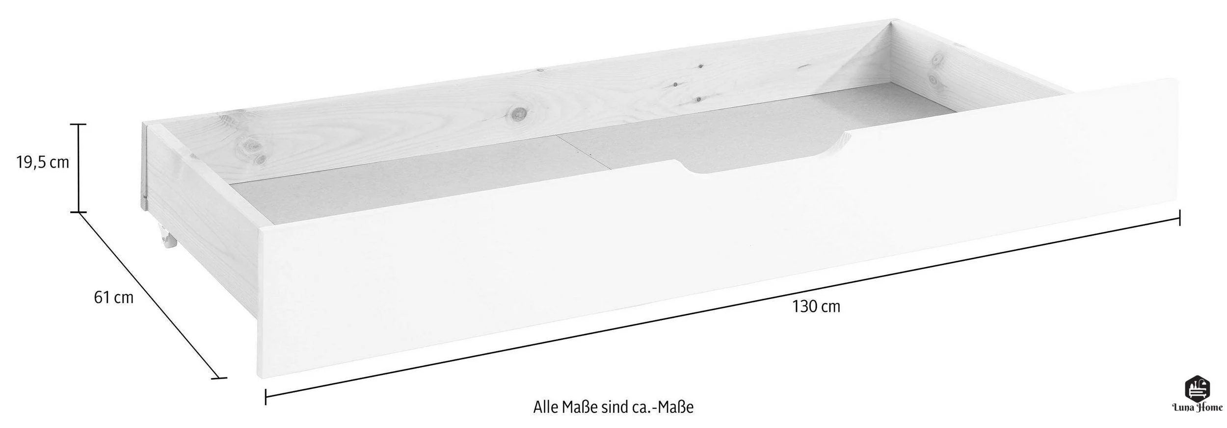 Cajón para cama de madera de pino blanco Auz, 130 cm de longitud  =