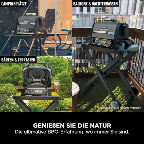 2025 Ninja Woodfire Grill Eléctrico & Ahumador & Freidora de Aire, Parrilla Exterior 7 en 1, Air Fry, Ahumado, Asado, Cocción, Resistente a la Intemperie, Antiadherente, Portátil, Eléctrico, Gris/Negro OG701EU