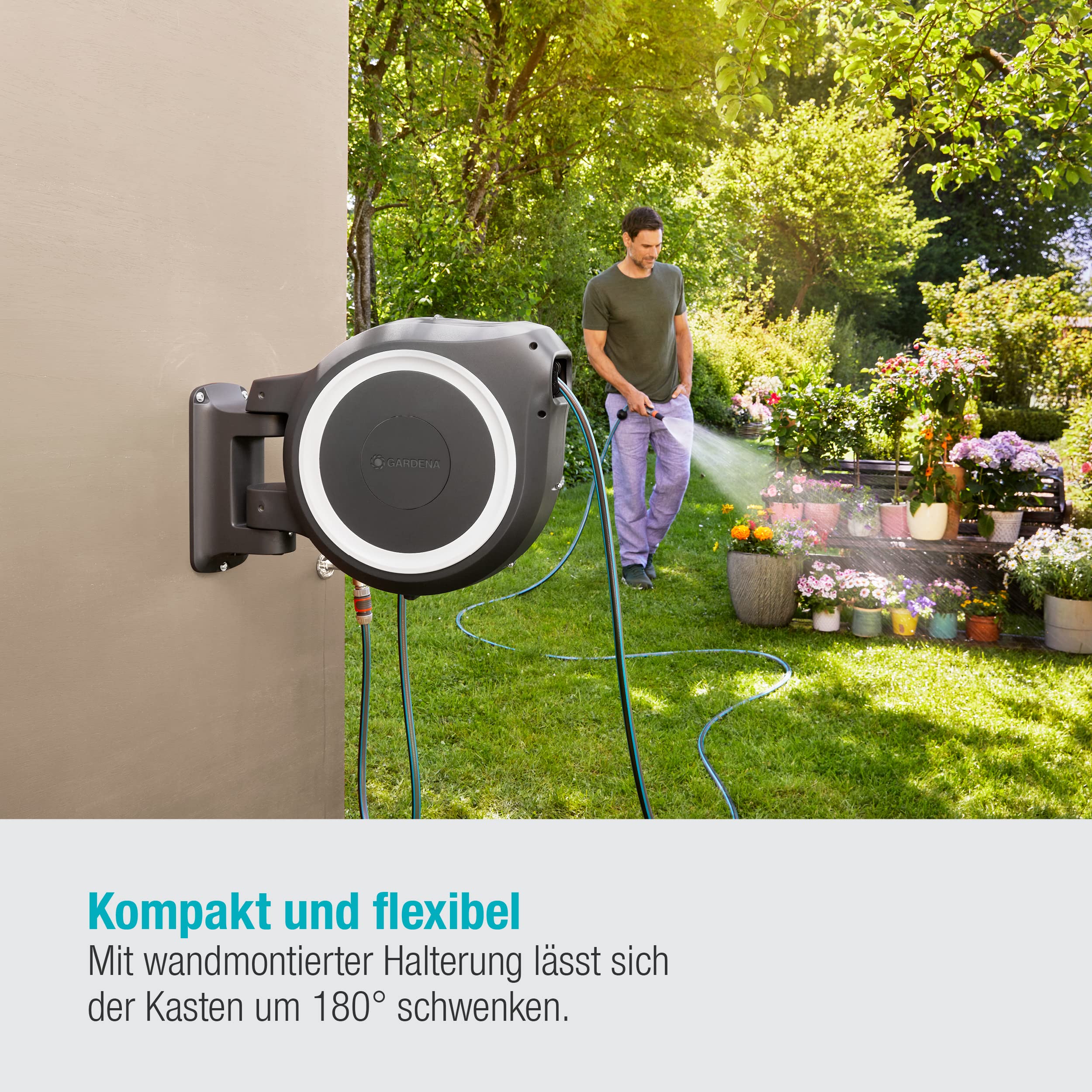 2025 Caja para Manguera de Pared Gardena RollUp M/L (Blanco) 25 m: Riego Flexible para Jardines Medianos y Grandes, Caja Giratoria con Manguera de 25 m y Accesorios de Montaje (18622-20)