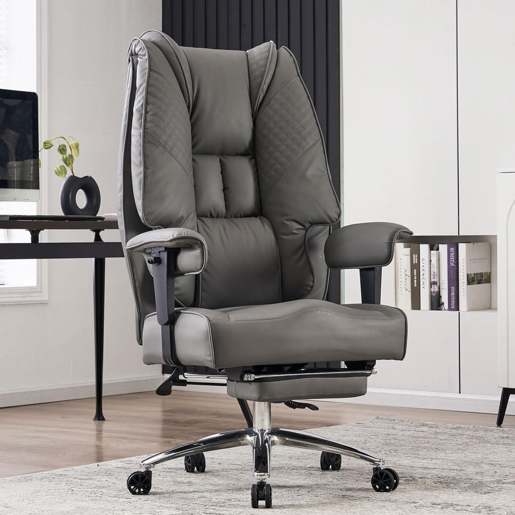Silla de Oficina Alta y Ancha para 400 lbs, Silla Ejecutiva de Cuero con Respaldo Alto y Reposapiés, Silla Ergonómica con Soporte Lumbar para Aliviar el Dolor de Espalda Baja (Beige)