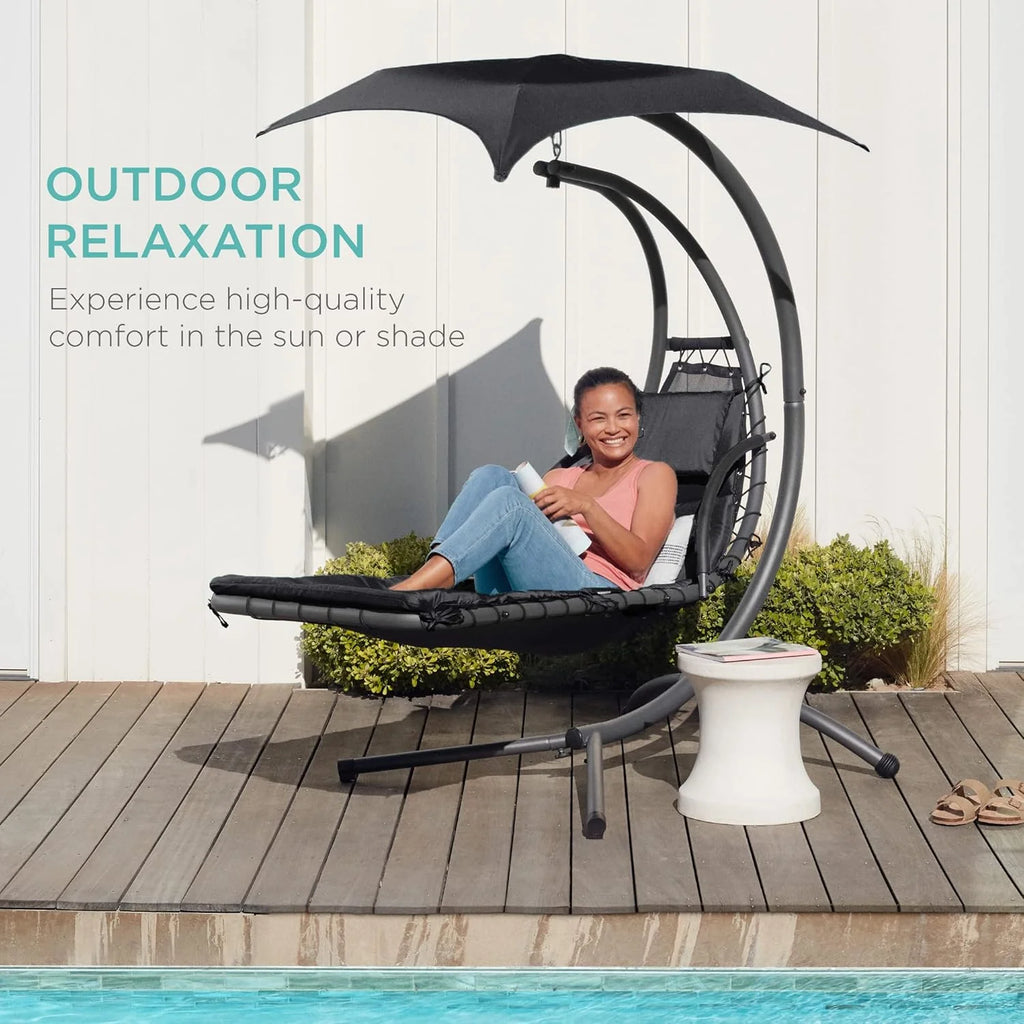 Chaise Longue Suspendue de Exterior Best Choice Products – Silla Balancín Curvada de Acero con Cojín Integrado y Toldo Desmontable – Gris Carbón