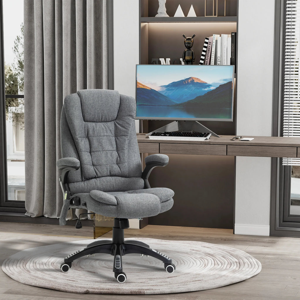 Silla de Oficina Ergonómica con Masaje de 6 Puntos y Calefacción en la Espalda, Tela Tipo Lino, Gris